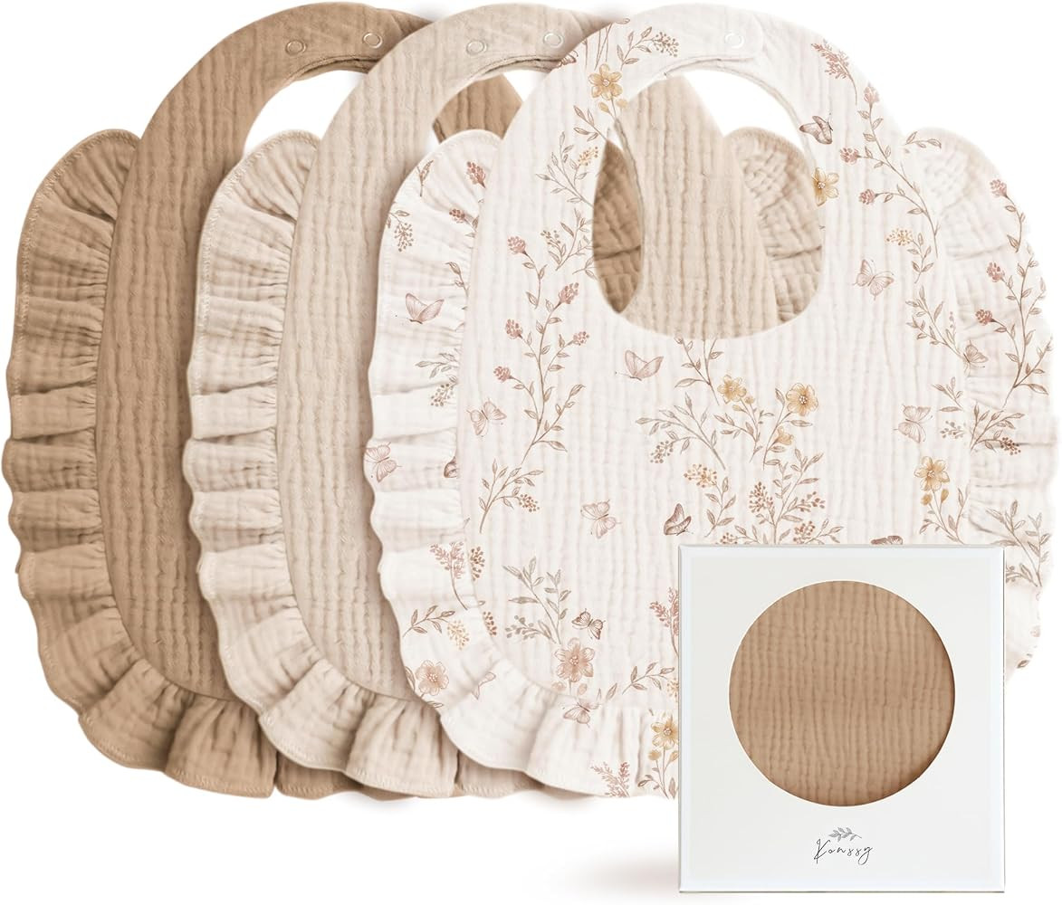 Konssy Muslin Baby Bibs for Girls \u2013 Soft 100% Cotton Drool Bibs, Ruffle Trim for Newborns & ... | Amazon (US)