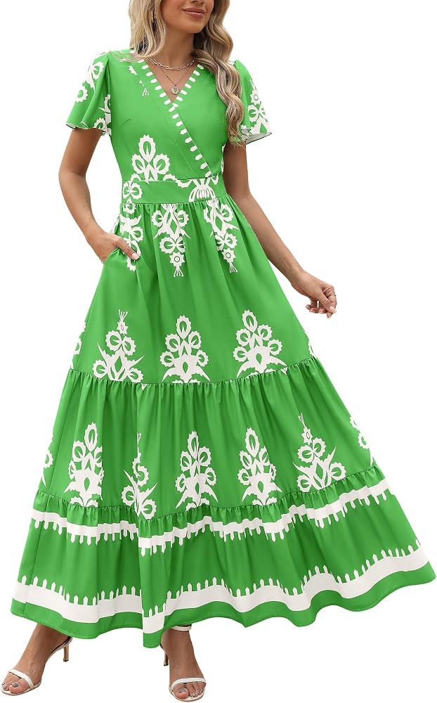 PRETTYGARDEN Womens 2026 Summer Casual V Neck Boho Maxi Dress Flowy Aline Bell Sleeve Tiered Flor... | Amazon (US)