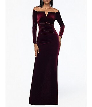 Xscape Velvet Off The Shoulder Split Neck Long Sleeve Pleated Front Gathered Back Gown - 8 | Dillard's