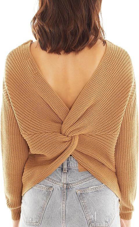 Love Tree Women's Deep V Neck Sweater Top - Long Sleeve Waffle Knit Wrap Pullover Sweater | Amazon (US)