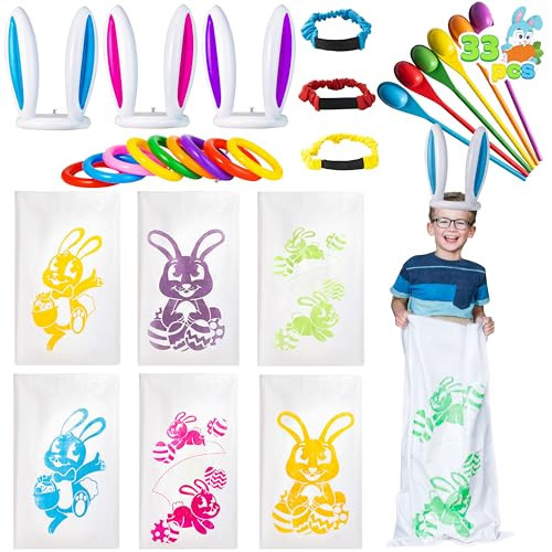 JOYIN Easter 33PCS Potato Sack Race Jumping Bags, Spoon and Egg Race, 6 Players Legged Relay Race Bands Elastic Tie Rope for Easter Theme Party Favor, Outside Lawn,Eggs Hunt Game Activities | Amazon (US)
