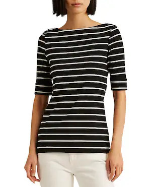 Lauren Ralph Lauren Stripe Stretch Boat Neck Short Sleeve Shirt - M | Dillard's