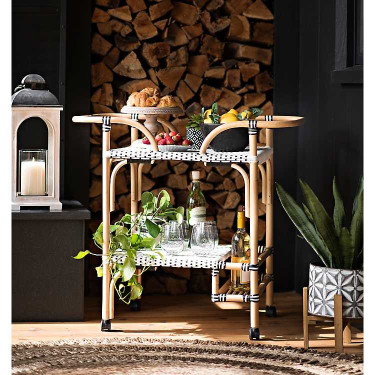 Black and White Rattan Bar Cart with Wood Frame | Kirkland's Home