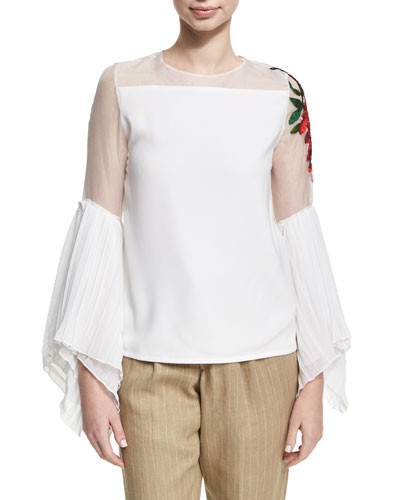 Embroidered Sheer Chiffon Top, White | Bergdorf Goodman