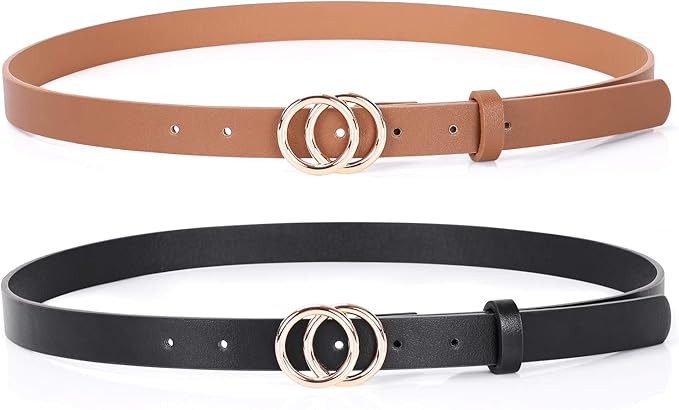 Double Ring Leather Belts for Women SANSTHS O-Style Gold Buckle Skinny Dress Belt 0.86 inch Width... | Amazon (US)