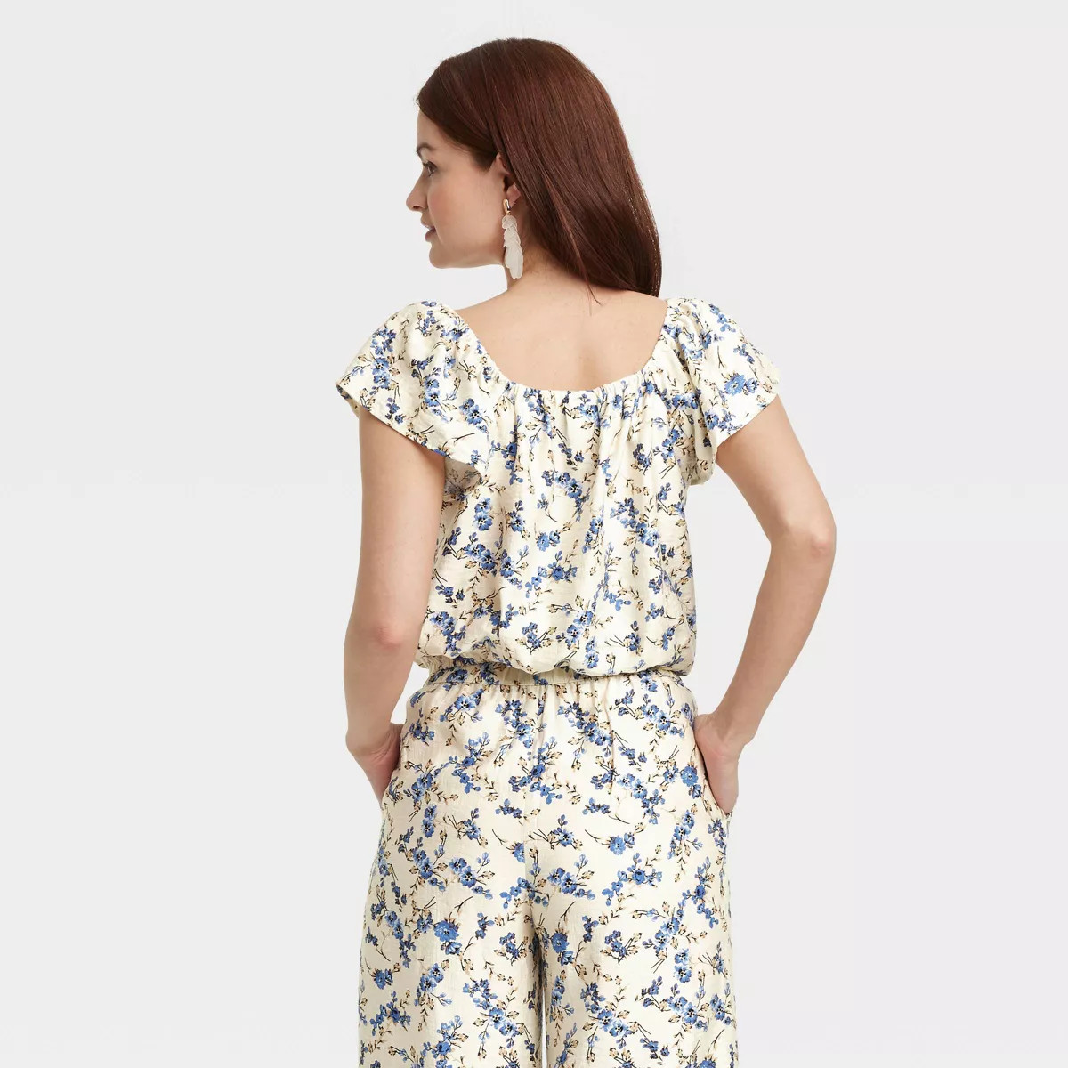 Women's Flutter Short Sleeve Blouse - A New Day™ Cream Floral L | Target