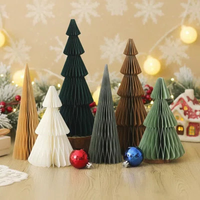 6 Pcs Neutral 3D Paper Tree Honeycomb Centerpieces - Minimalist Rustic Reusable Modern Christmas Decor, Green & Brown Table Ornaments For Home Xmas Gi | Wayfair North America