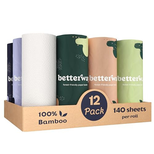 Betterway Bamboo Paper Towels 12 Pack - Non Toxic, Eco Friendly, PFAS Free - 140 Sheets/Roll, 2-Ply, No Plastic, No Dyes, Compostable, Sustainable, Strong & Absorbent, FSC Certified, Natural, White | Amazon (US)