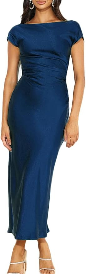 2025 Satin Cap Sleeve Cowl Back Summer Dresses for Women Elegant Ruched Waist Wedding Guest Midi ... | Amazon (US)