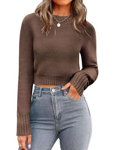 Zeagoo Women's 2025 Fall Crewneck Cropped Sweater Trendy Long Sleeve Ribbed Knit Pullover Jumper Tops Brown | Amazon (US)
