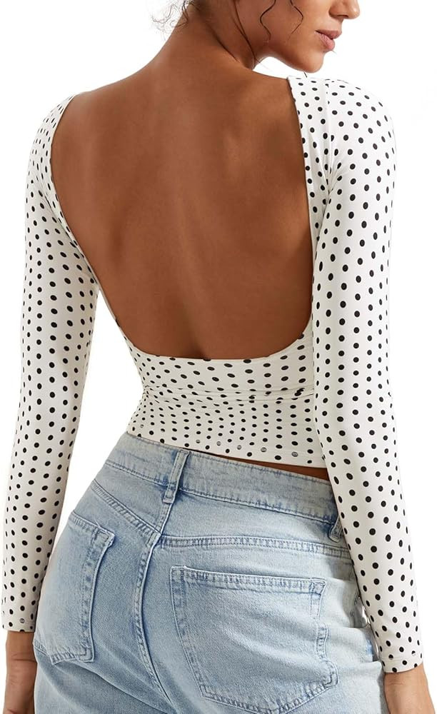 SUUKSESS Women Backless Going Out Tops Double Lined Open Back Basic Long Sleeve | Amazon (US)