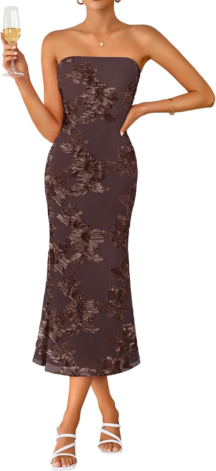 ZESICA 2026 Summer Strapless Floral Cocktail Wedding Guest Dress for Women | Amazon (US)