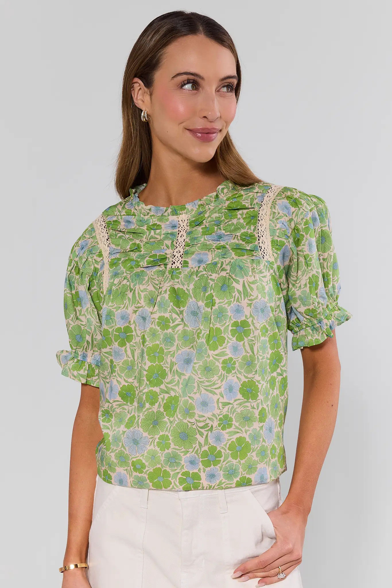Green Floral Puff Sleeve Top | Avara