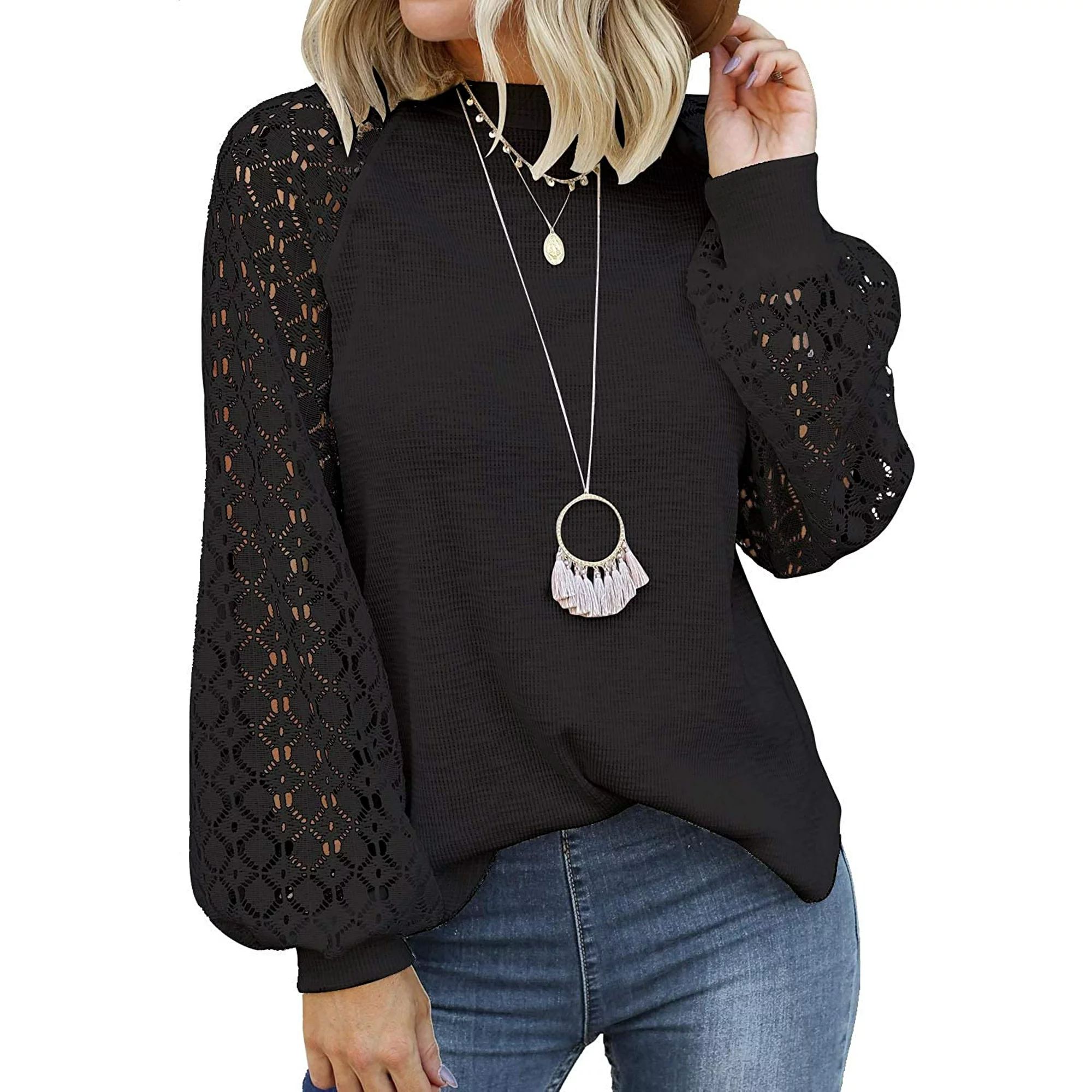 Autumn Winter Women's O-neck Long Sleeve Tops Lace Stitching Loose Tops Sweatershirt Blouses - Wa... | Walmart (US)