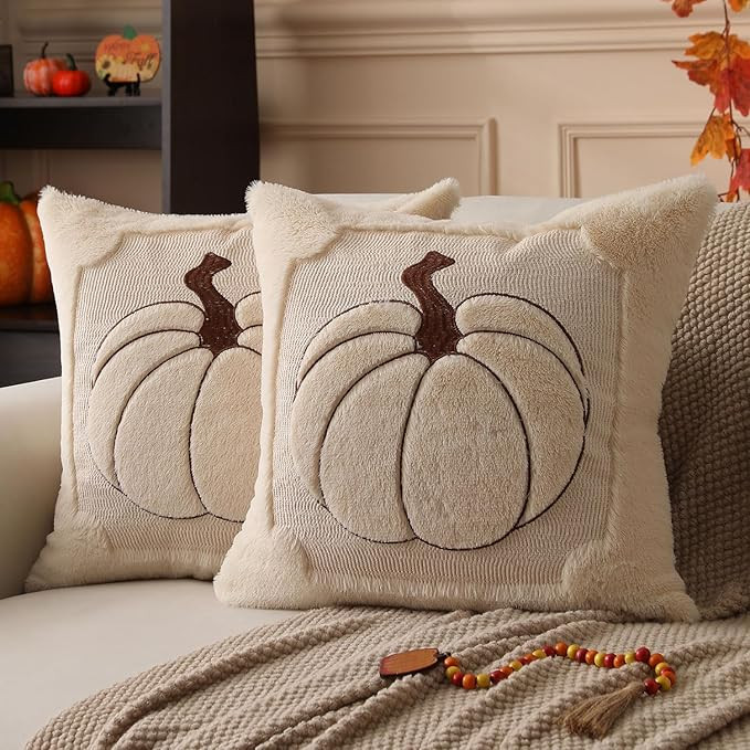 Fall Pillow Covers 20x20 Set of 2 Fall Beige Pumpkin Embroidery Throw Pillow Covers Soft Plush Fa... | Amazon (US)