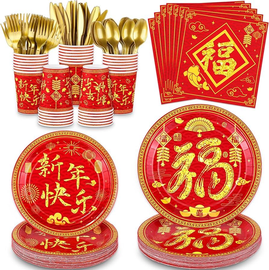 durony 168 Pcs Chinese New Year Party Tableware Set Happy 2024 Dragon Spring Festival Eve Party F... | Amazon (US)