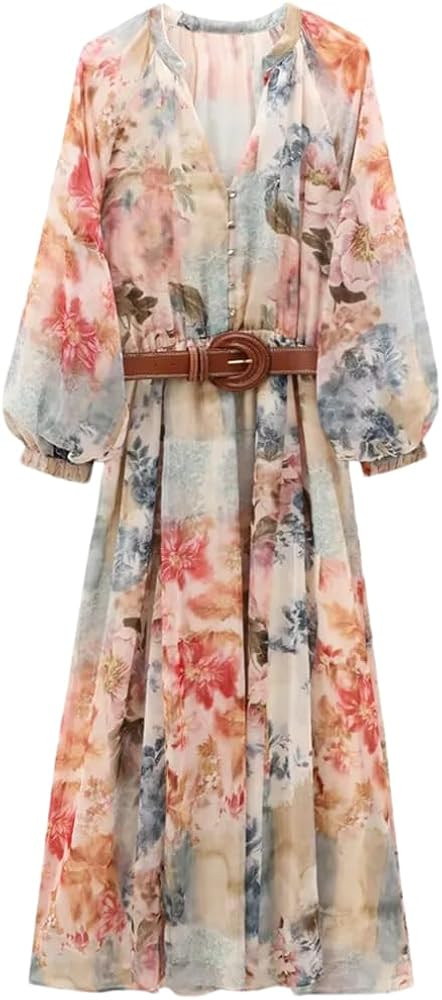 Women V-Neck Belt Long Sleeved Dress Button Flower Print Dresses Slim Fit Midi A-Line Dress | Amazon (US)