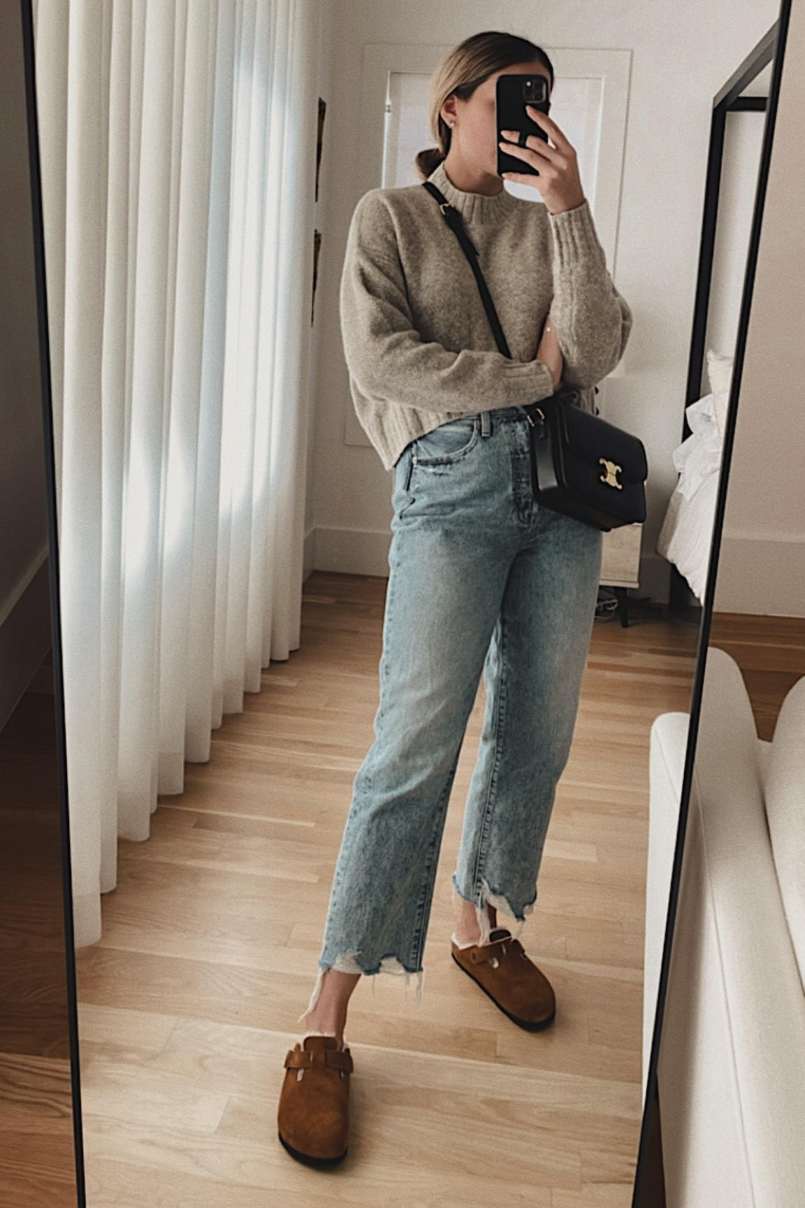 Cropped sweater / denim / Birkenstock clogs 