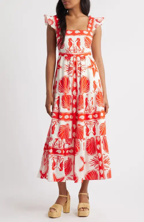 MOON RIVER Ruffle Strap Maxi Dress in Red Multi at Nordstrom, Size X-Large | Nordstrom