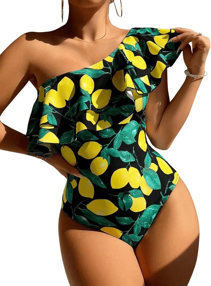WDIRARA Women's Graphic Print One Shoulder Off One-Piece Bikini Swimwear Ruffle Hem Backless Cap ... | Amazon (CA)