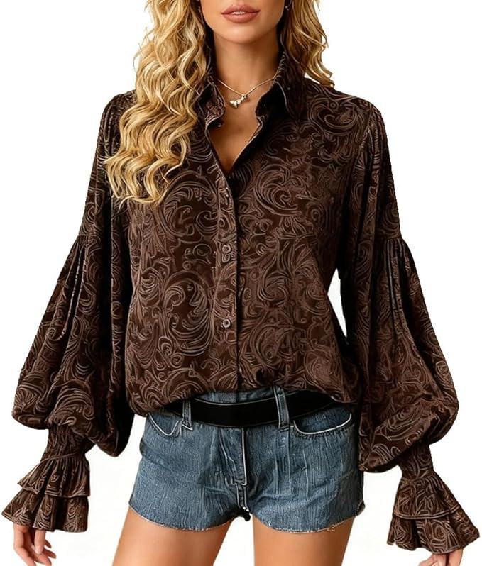 Womens Velvet Blouse Top Vintage Floral Puff Sleeve Fall Winter Loose Trendy Dressy Casual Elegan... | Amazon (US)