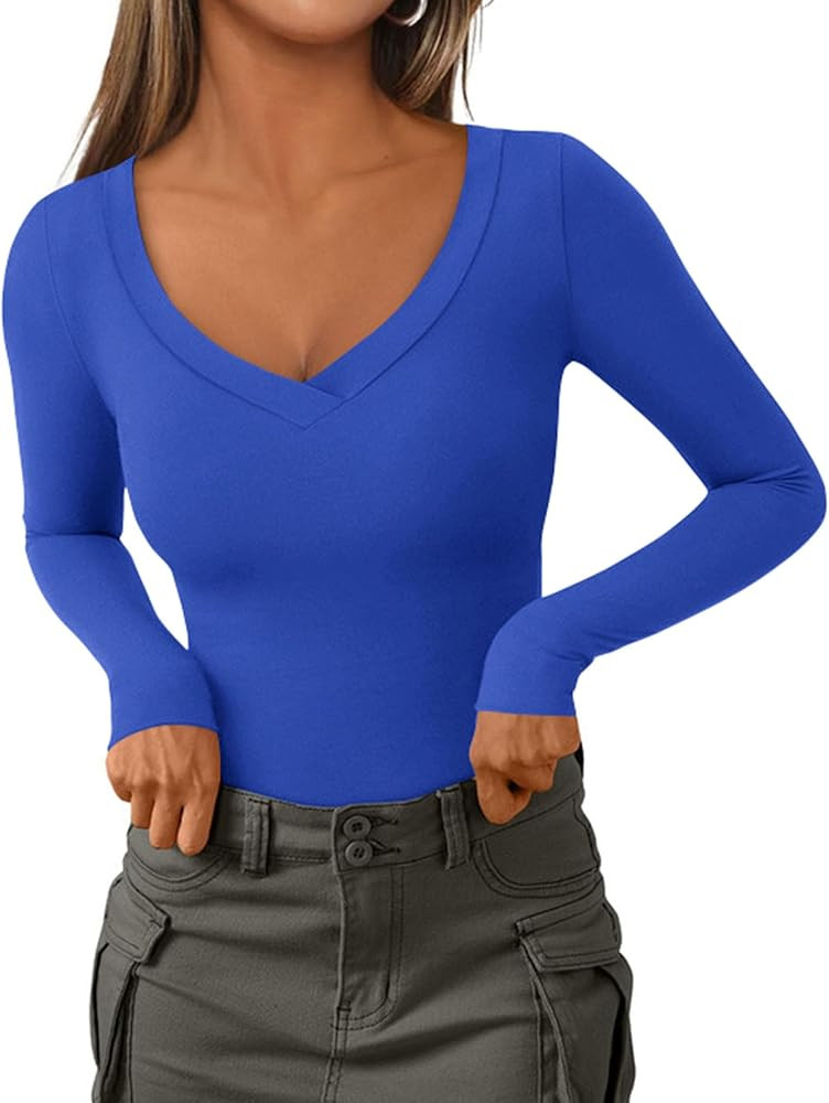 PRETTYGARDEN Long Sleeve Shirts for Women 2025 Fall Fashion V Neck Going Out Tops Slim Fit Basic ... | Amazon (US)