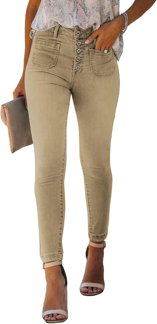 Sidefeel Women Button Fly High Rise Distressed Ripped Skinny Denim Jeans | Amazon (US)