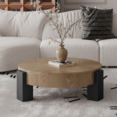GDFStudio Maggie Mid-Century Modern 33" Round Coffee Table with Hidden Storage, Black+Natural | Target