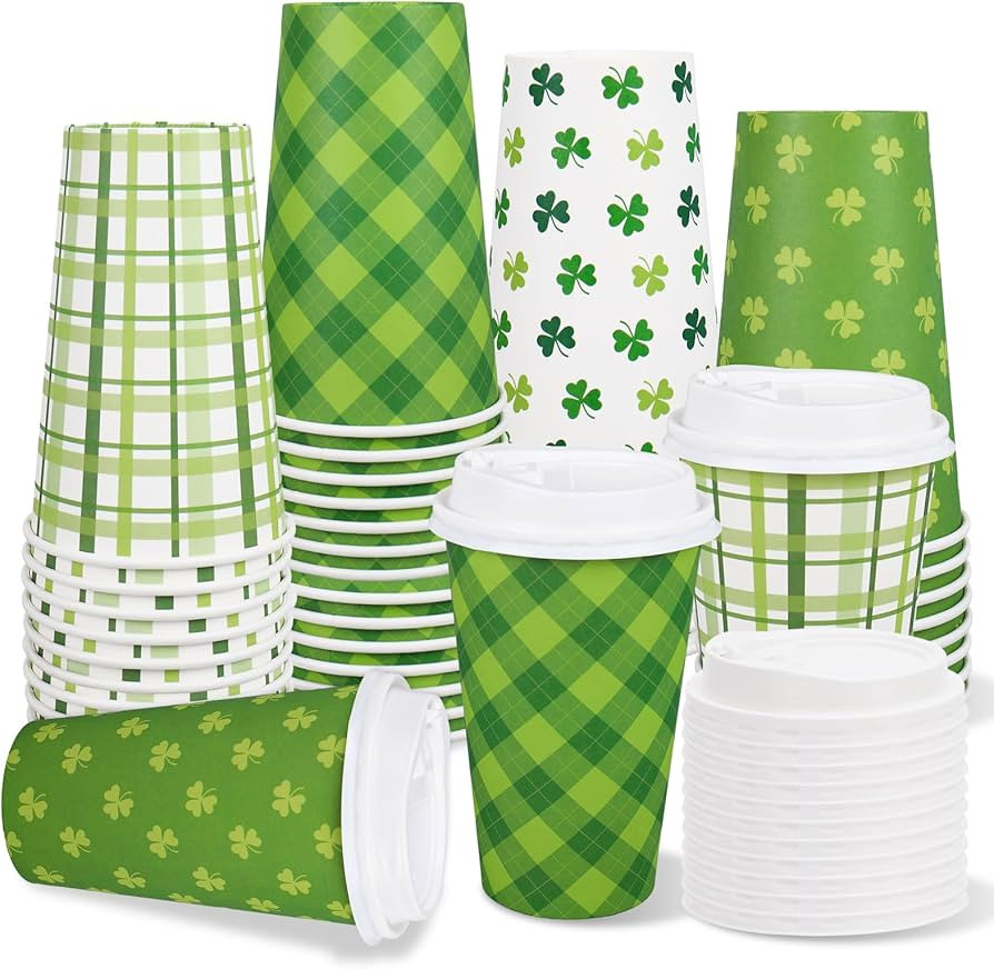 Whaline 100 Set St. Patrick's Day Disposable Coffee Cups with Lids Paper Cup Green White Shamrock... | Amazon (US)