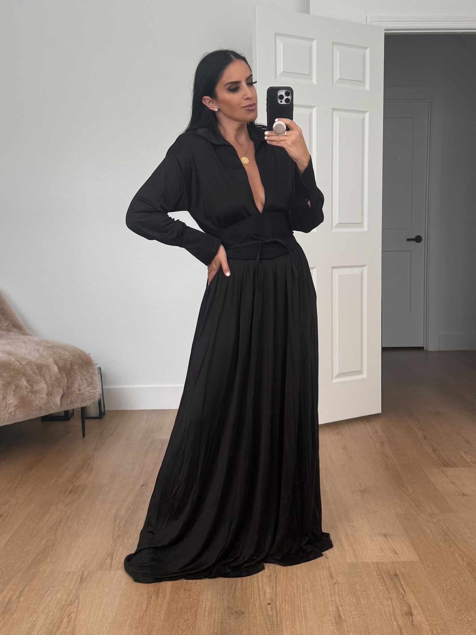 Collar Long Sleeve Satin Gown wearing size small. 