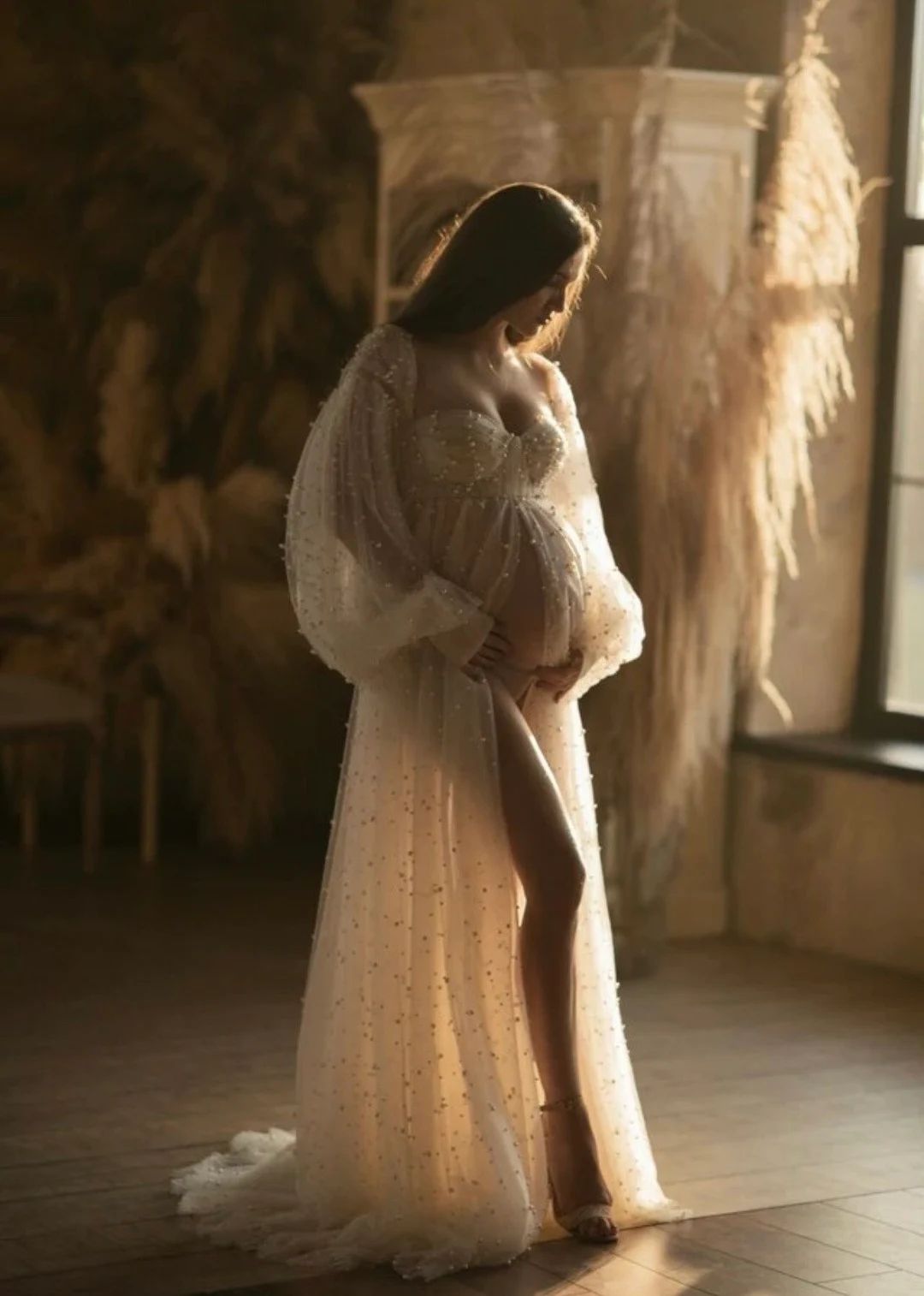 Boho Maternity Dress, Pearl Studded Maternity Gown, Romantic Vintage Wedding Dress, Ivory Chiffon... | Etsy (US)