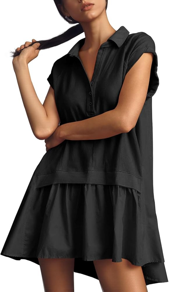 Fisoew Womens Summer Sweatshirt Dresses Short Sleeve V Neck Casual Oversized Patchwork Mini Dress | Amazon (US)