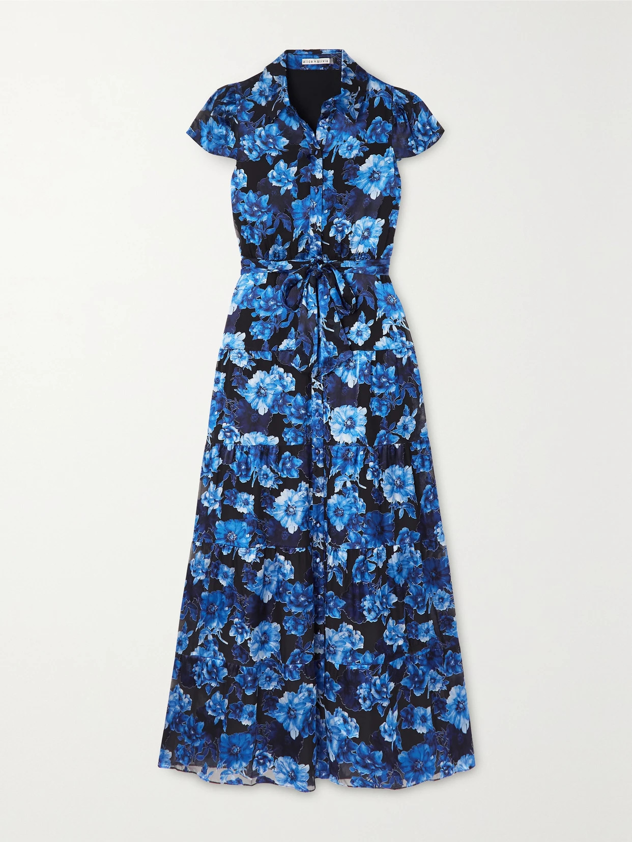 Alice + Olivia - Miranda Tiered Floral-print Voile Maxi Shirt Dress - Blue | NET-A-PORTER (US)