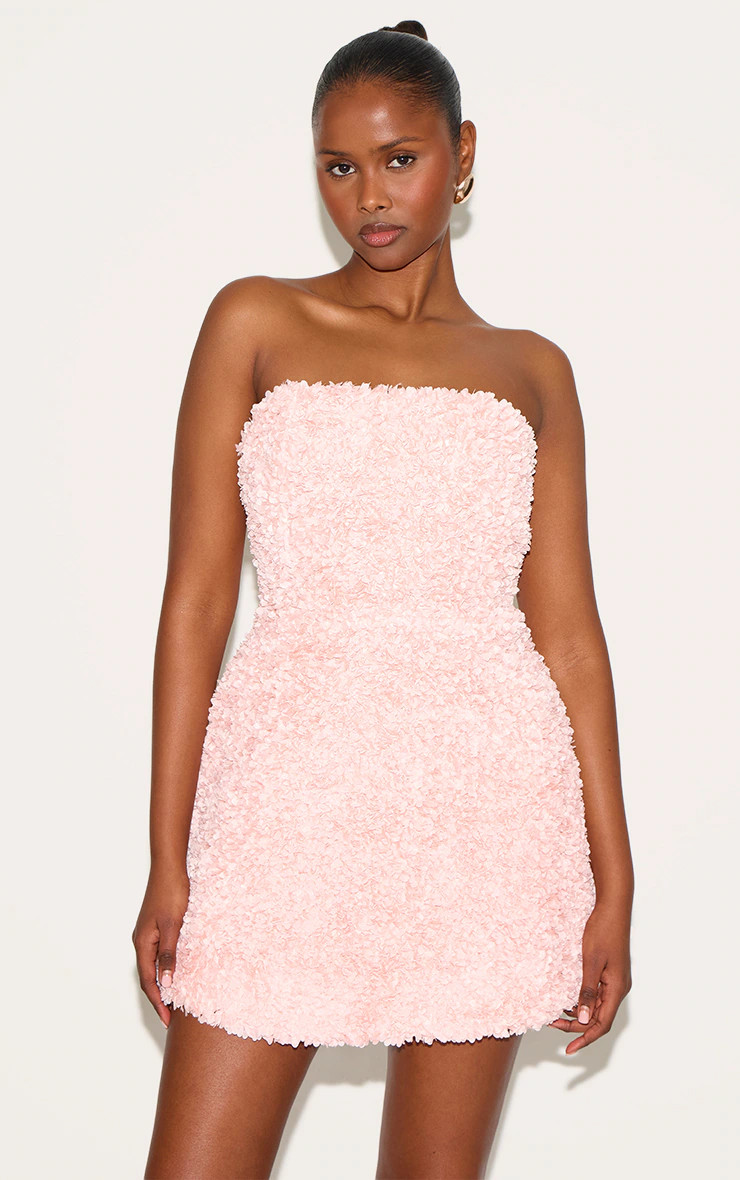 Baby Pink Floral Textured Bandeau Mini Dress | Dresses | PrettyLittleThing UK