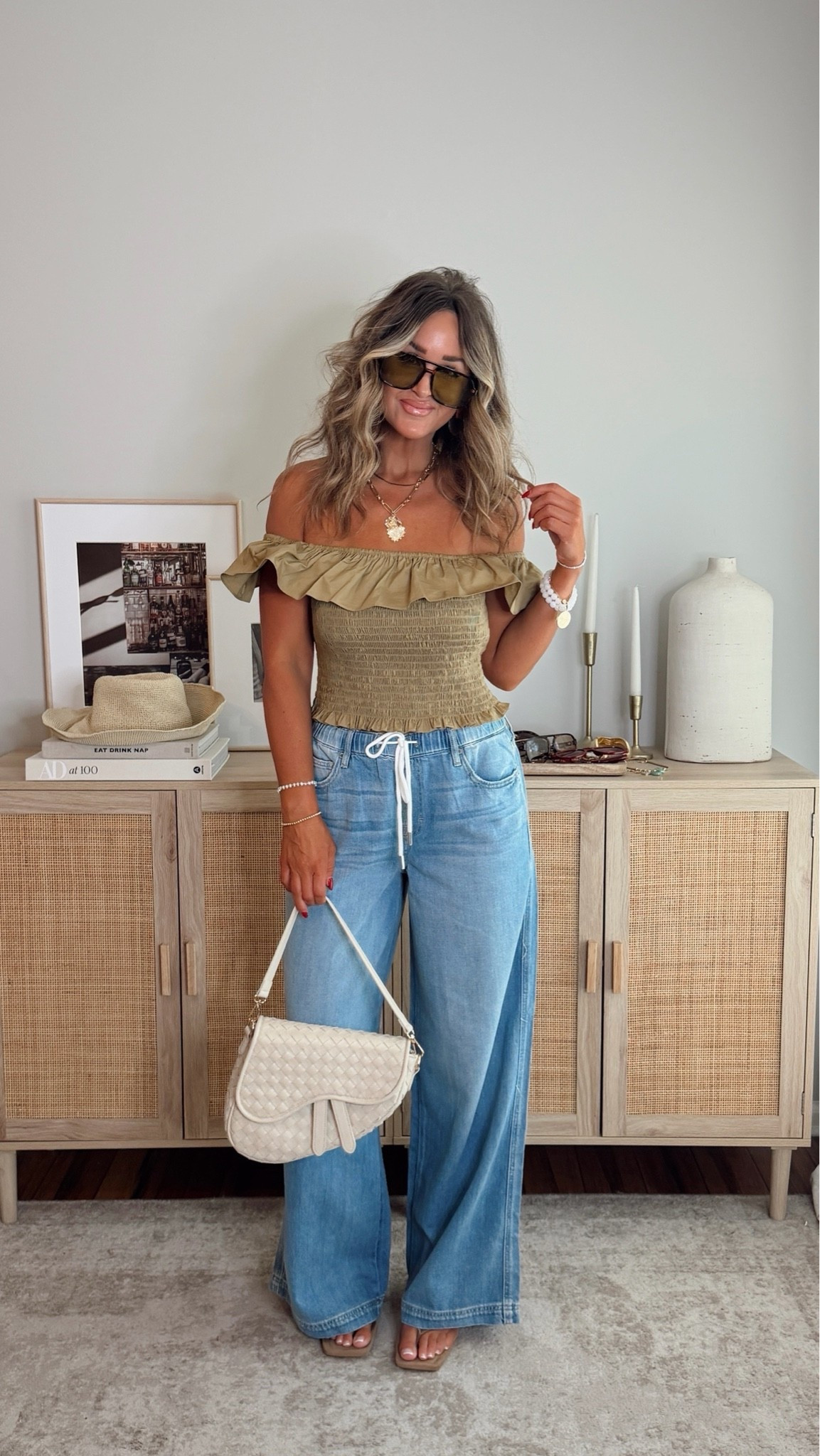 40% off with LEANN40 if expired use code LEANN35 ✨ this off the shoulder top is so cute, love the earthy green & smocked waist. size S top, size 27 denim. summer outfits @VICI

#LTKootd