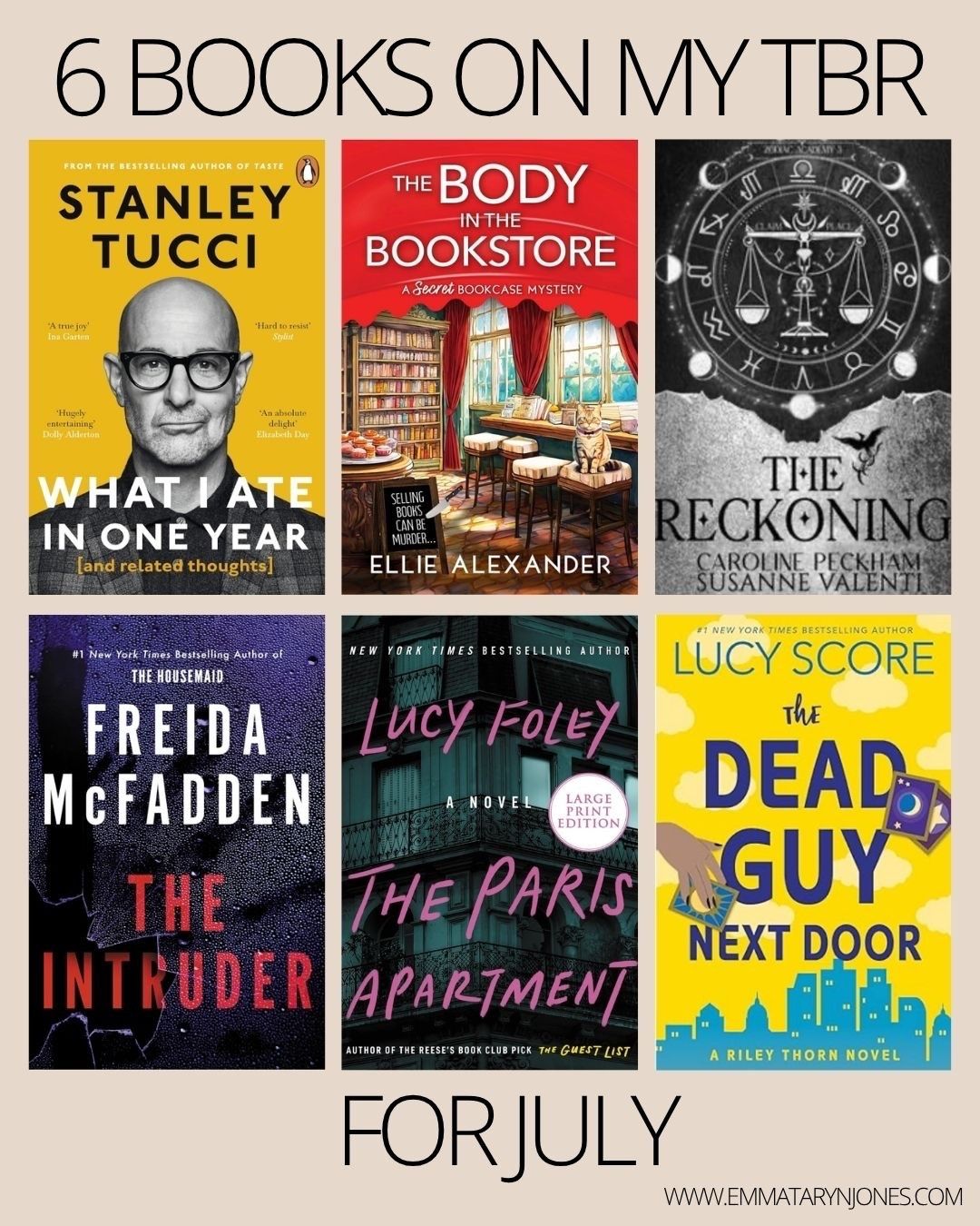 6 Books on my July TBR

The Paris Apartment by Lucy Foley
The Intruder by Freida McFadden
The Reckoning by Caroline Peckham
What I Ate In A Year by Stanley Tucci
The Body in the Bookstore by Ellie Alexander
The Dead Guy Next Door by Lucy Score

#LTKstorytime