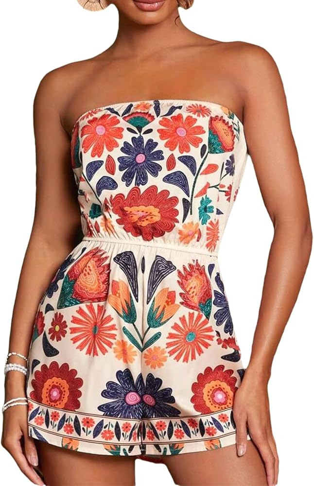 NIFTRIRY Strapless Floral Print Romper for Women Summer Vacation Outfi One Piece Jumpsuits Shorts | Amazon (US)
