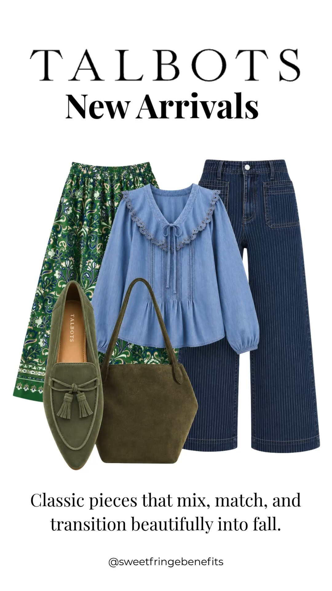 Talbots new arrivals are full of timeless pieces you’ll wear season after season. I love the feminine chambray blouse, the flattering striped wide-leg jeans, and the beautiful green printed skirt—perfect for mixing and matching from late summer into fall.

💡 LTK MADE EASY
❤️ Heart = Support my posts!
🔖 Save = Get sale & restock alerts
📋 Lists = Keep favorites organized
📲 Share = Send lists and products to a friend. Hello, Christmas List!
💬 Comment = Ask me anything about what I’m wearing.:-) 

 #LTKootd #LTKSeasonal #LTKOver40