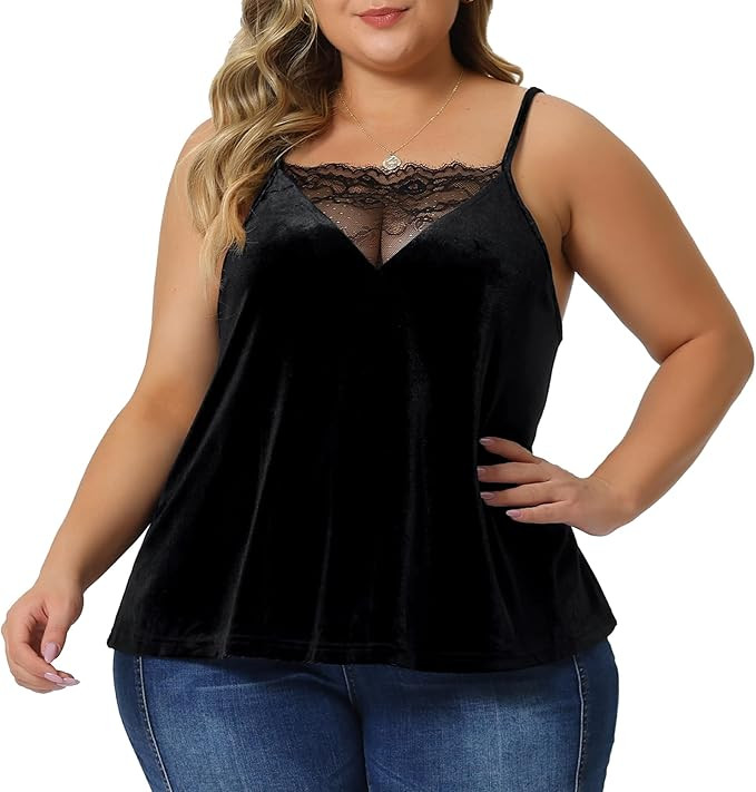 Agnes Orinda Plus Size Sexy Velvet Cami for Women Lace Deep V Neck Sleeveless Camisole Loose Fit ... | Amazon (US)