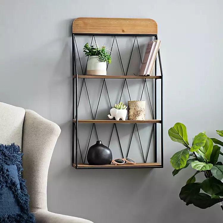 Metal and Wooden Geometric Triple Wall Shelf | Kirkland's Home