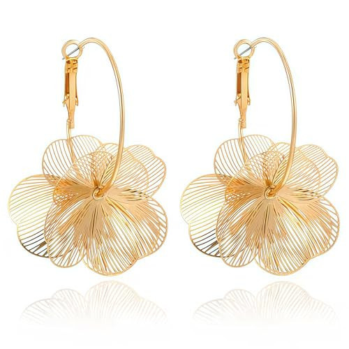 Gold Flower Dangle Earrings for Women - Cute Statement Trendy Floral Drop Earrings, Boho Fashion Lightweight Hoop Jewelry Gift, Hypoallergenic for Sensitive Ears | Amazon (US)