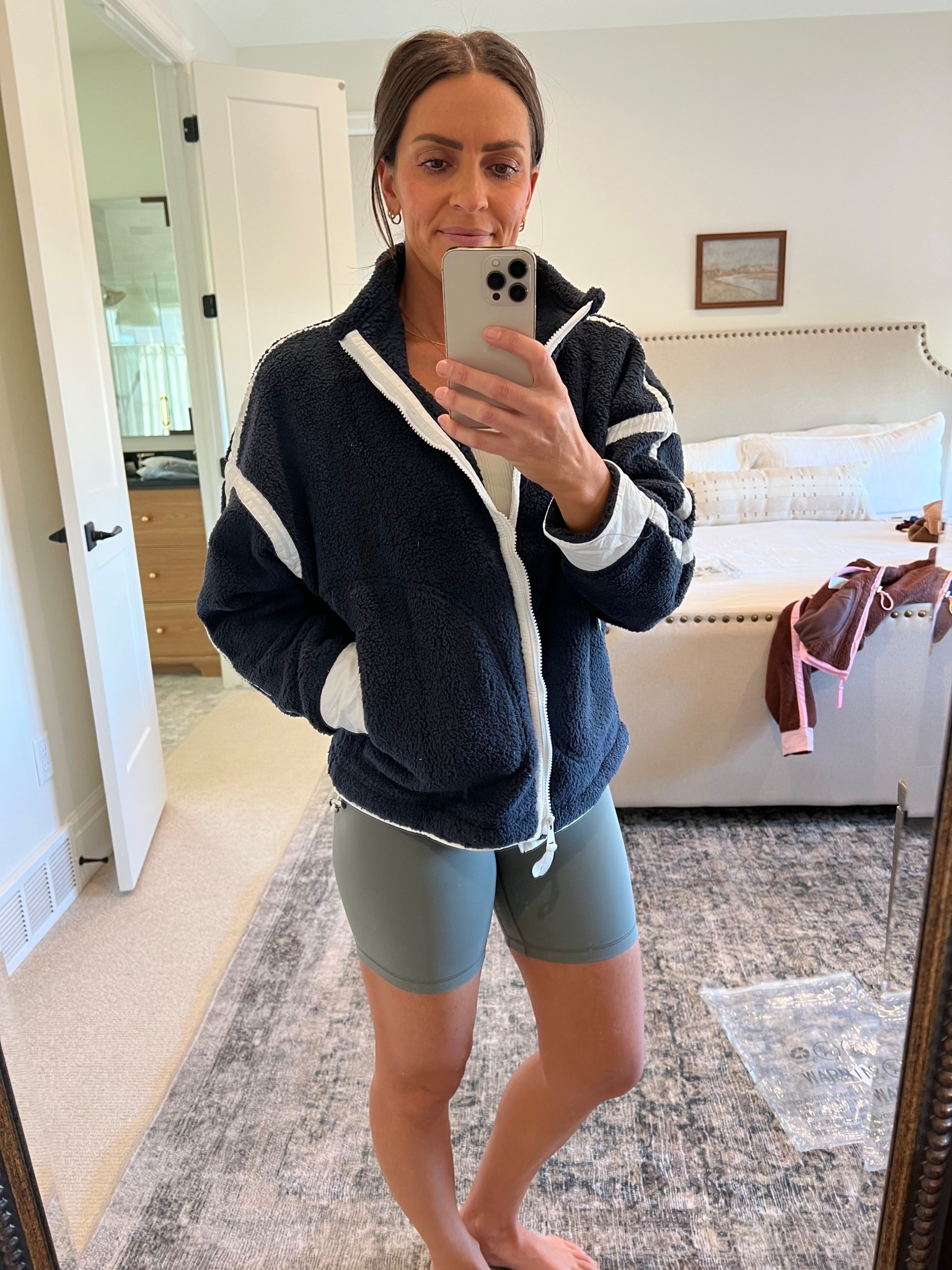 Amazon fleece zip up. Navy blue and white but comes in so many colors. Free people look a like. Winter casual jacket. Affordable jackets for women. 
Biker short. Workout clothes for moms  

#LTKFindsUnder50 #LTKActive #LTKPetite
