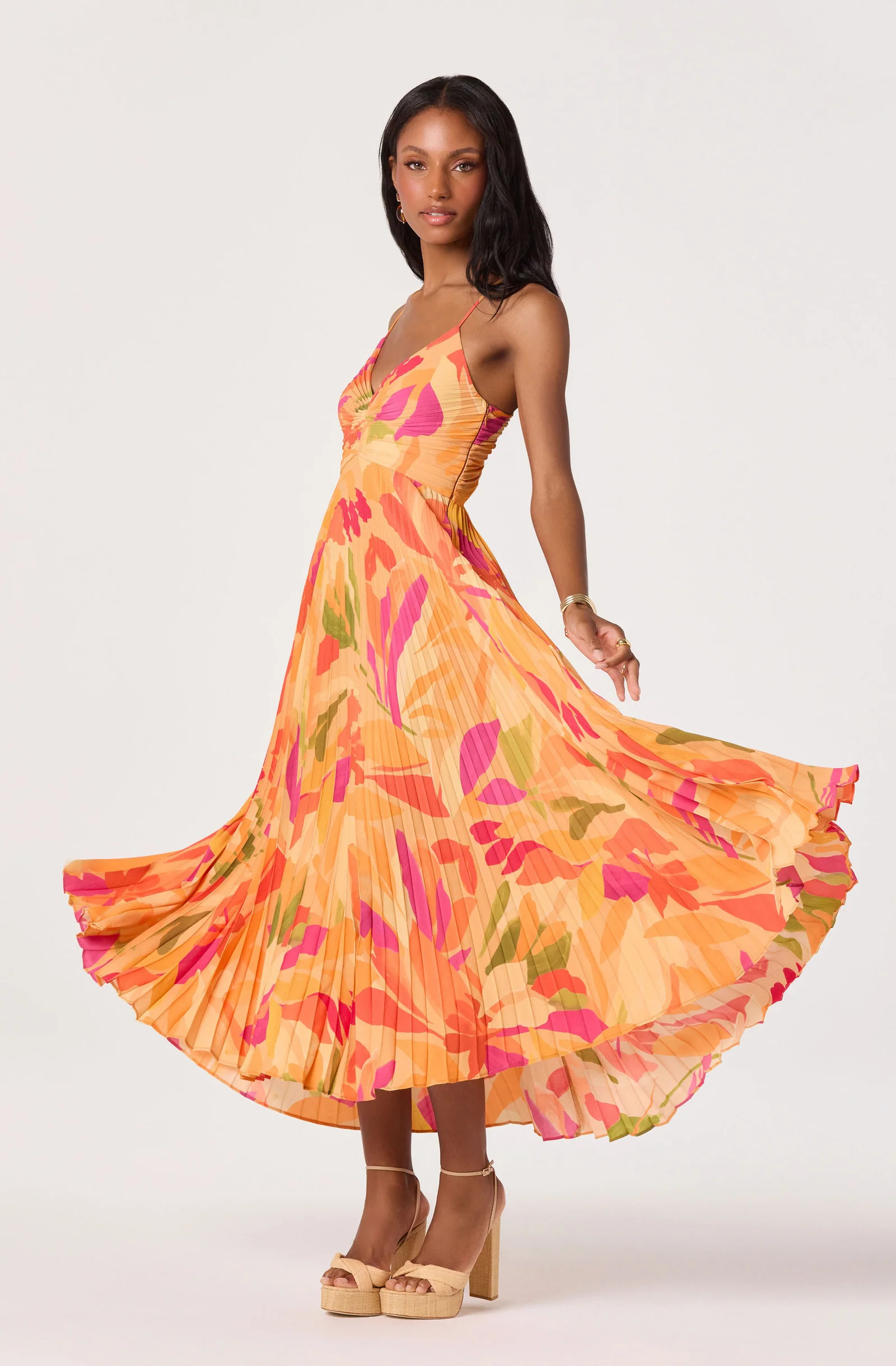 Blythe Floral Plisse Midi Dress - Orange floral / XS | ASTR The Label (US)