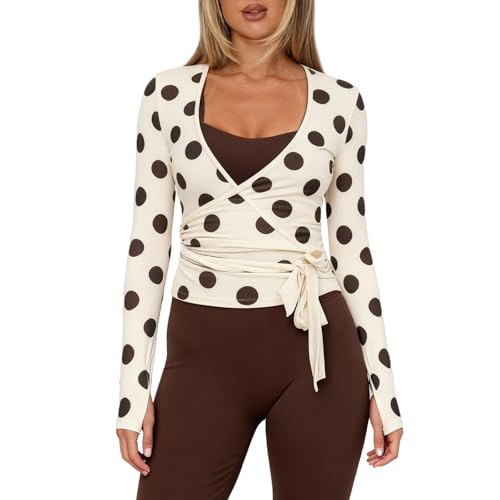 Yoga Wrap Tops for Women Y2k Long Sleeve Self Tie Workout Ballet Dance Top Cute Pilates Cover Up Tops Streetwear (Polka Dots, S) | Amazon (US)