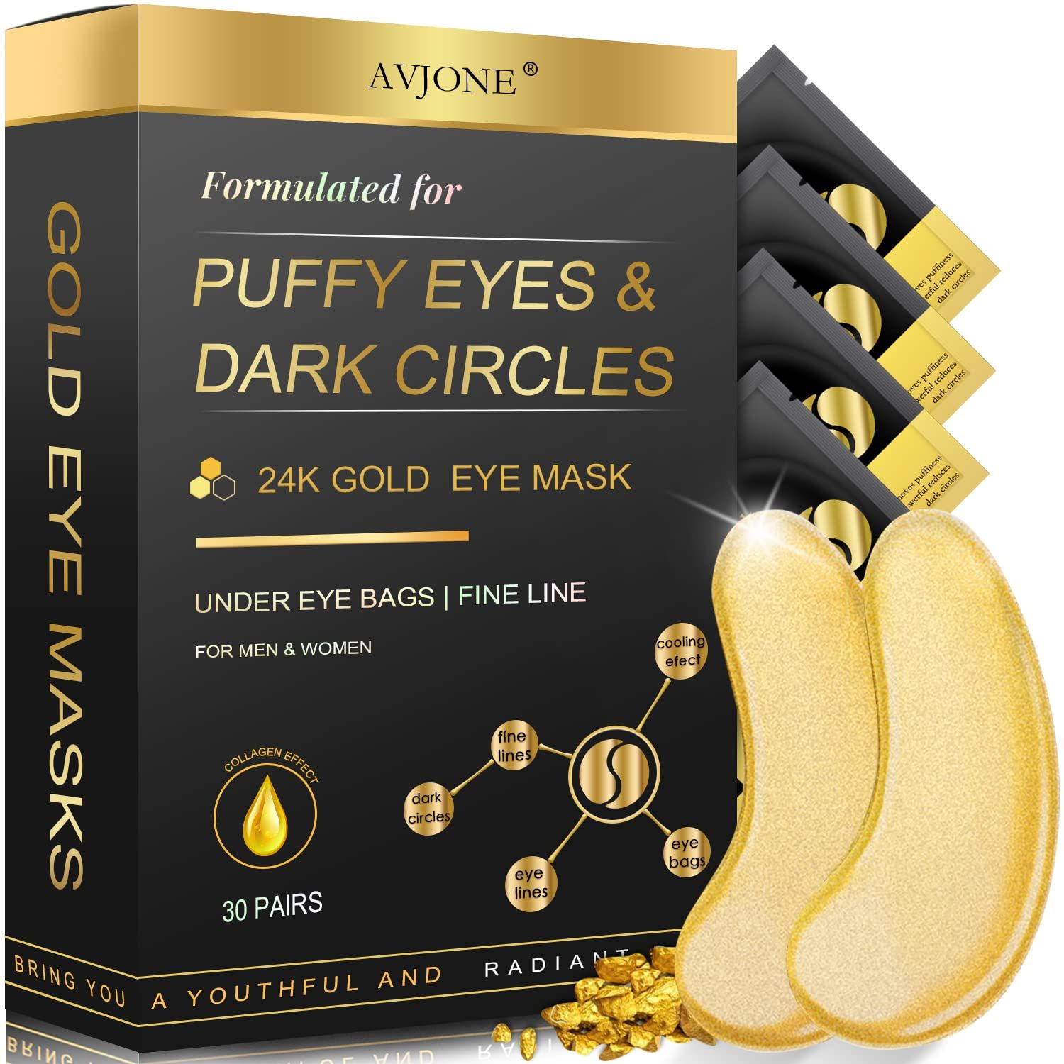AVJONE 24K Gold Eye Mask- 30 Pairs Puffy Eyes and Dark Circles Treatments – Relieve Pressure an... | Amazon (US)