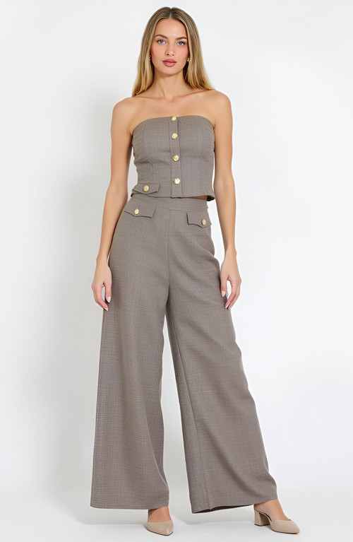Modenaire Strapless Button-Front Crop Top and Wide-Leg Pants Two-Piece Set in Grey at Nordstrom, Size Large | Nordstrom