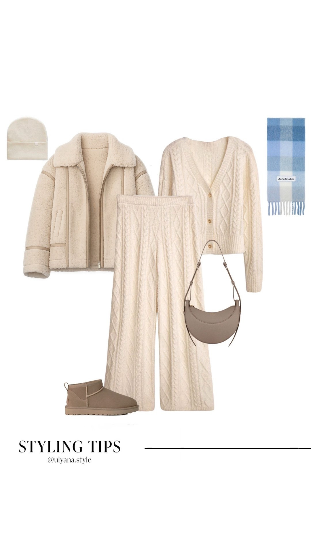 Cozy neutral winter outfit idea 🤍 This cream cable knit cardigan and matching knit pants set layered with a sherpa jacket is the perfect cold weather outfit for a ski trip, cabin weekend, or travel day look. Styled with mini platform UGG boots, a beige shoulder bag, and a soft beanie for an elevated casual winter outfit that’s comfy but polished. Ideal for winter outfits, matching knit sets, and chic lounge looks.
.
.
.
.
.
.
#LTKootd #LTKSeasonal #LTKSaleAlert #LTKNYFW #LTKValentine #LTKgrwm #LTKU #LTKTravel 

Cozy outfit | lounge set | lounge wear | matching lounge set | pants set | comfy pants | wide leg pants outfit | comfy sets | casual outfits | everyday outfits | winter jacket | outfit inspo | outfit ideas 
