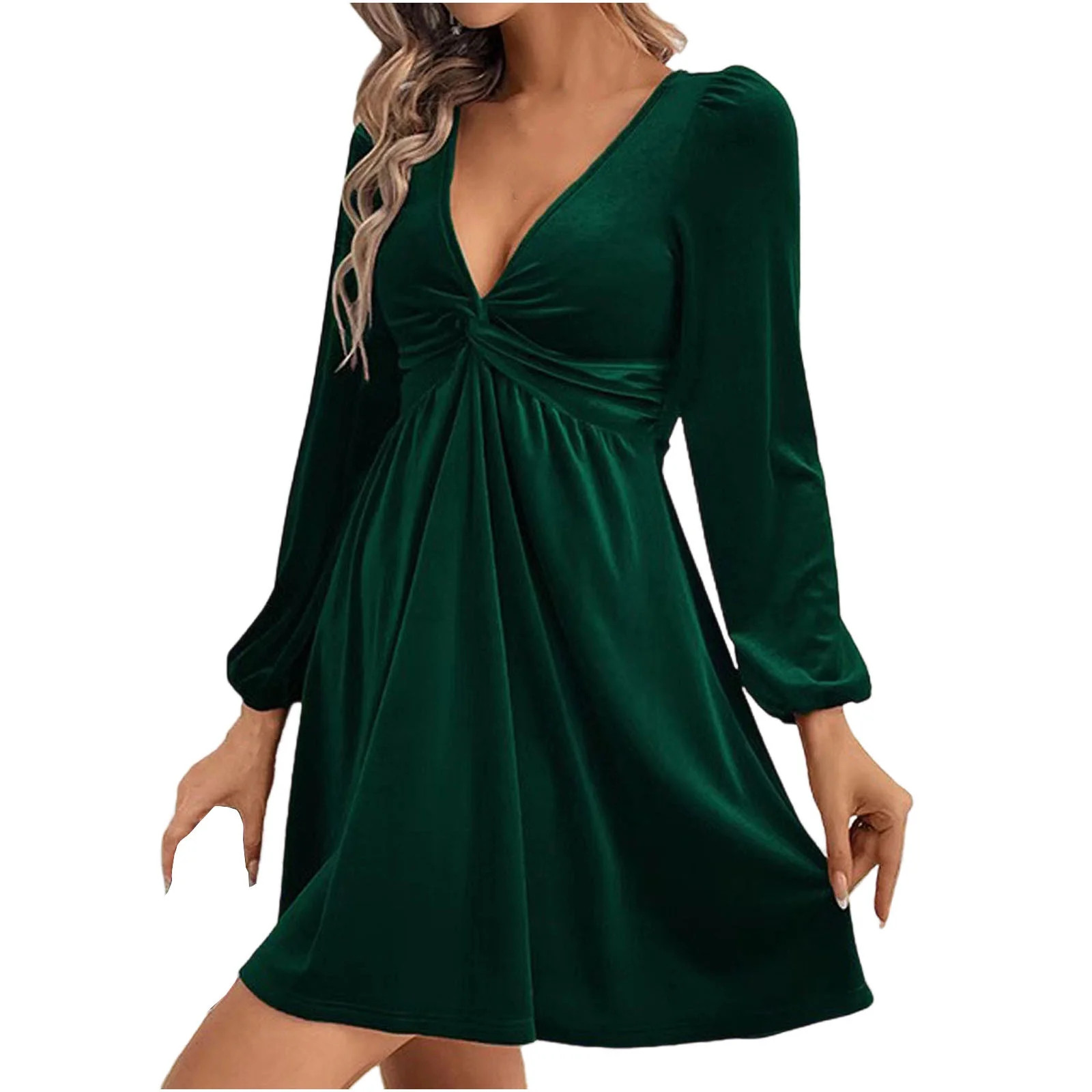 OSFVNOXV Retro Velvet Dress for Women Puff Sleeve V-Neck Wide Waistband Knee Length Cocktail Part... | Walmart (US)