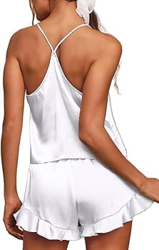 CHYRII Women's Sexy Silk Satin Ruffled Pajamas Sets Cami Shorts Sets Sleepwear | Amazon (US)