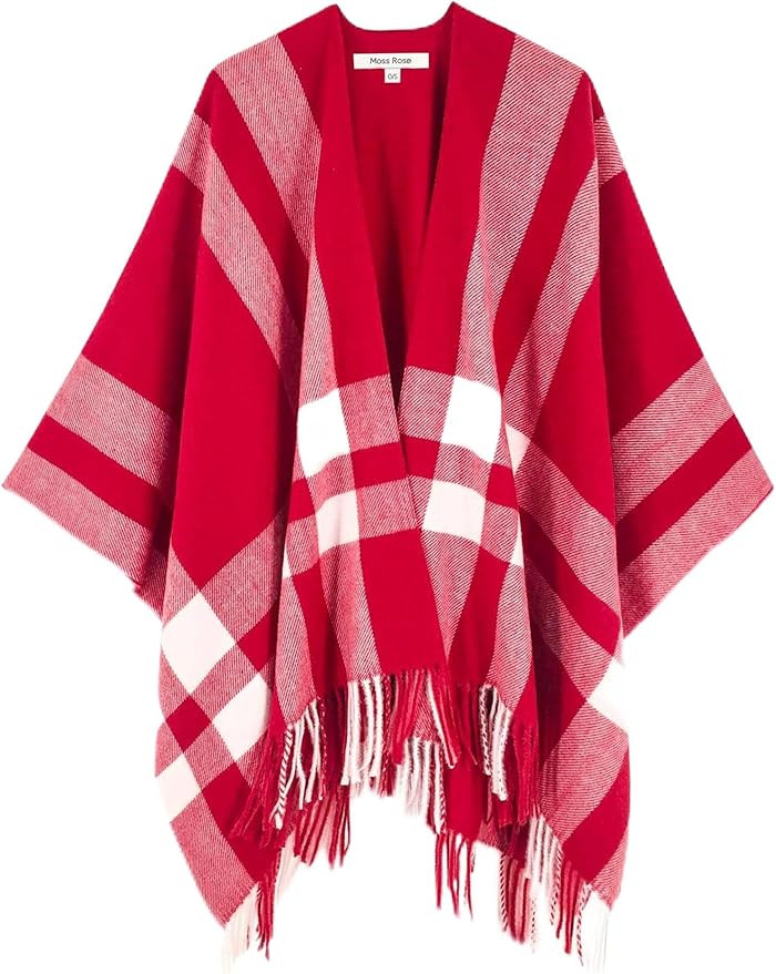 Moss Rose Women's Travel Plaid Shawl Wrap Open Front Poncho Cape for Fall Winter | Amazon (US)